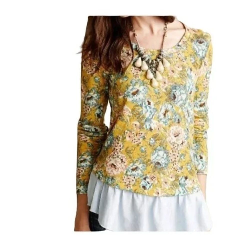 Anthropologie | Lilka Goldenrod Yellow Multi Floral Ruffle Bottom Peplum Top | L